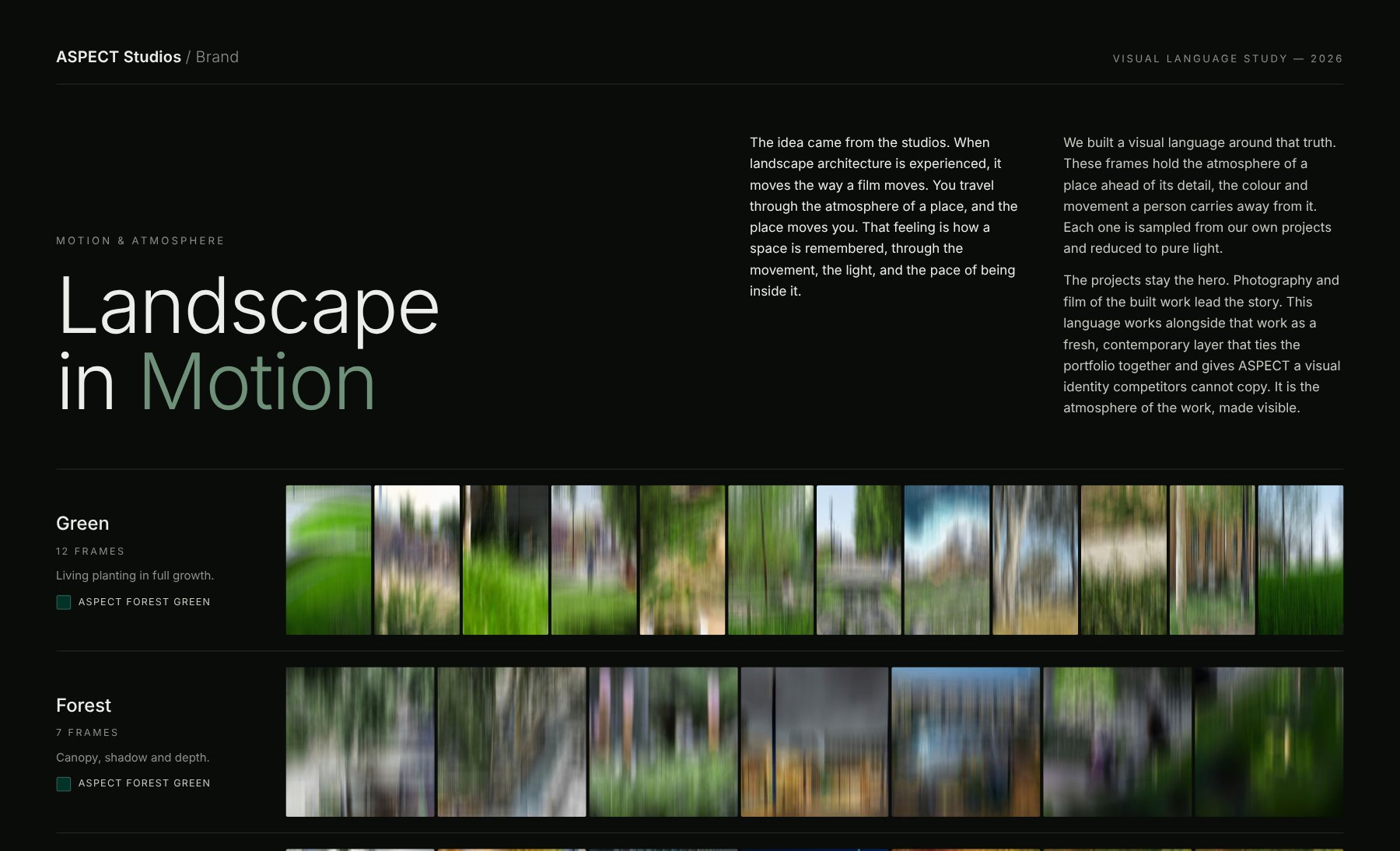 ASPECT Studios Landscape in Motion visual language study: frames sampled from ASPECT's own projects, grouped by colour