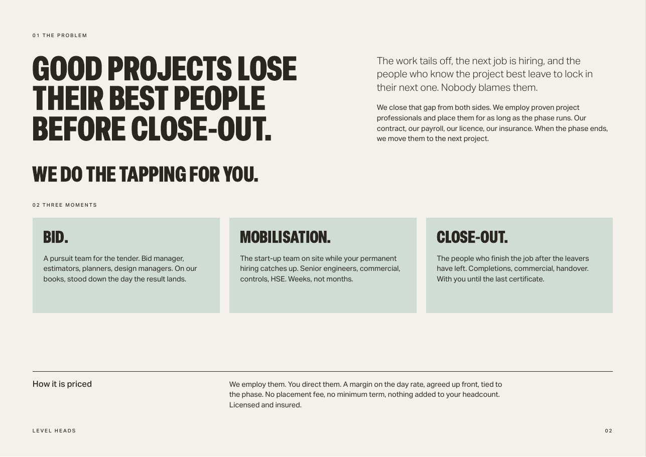Level Heads capability statement page: Good projects lose their best people before close-out. We do the tapping for you.