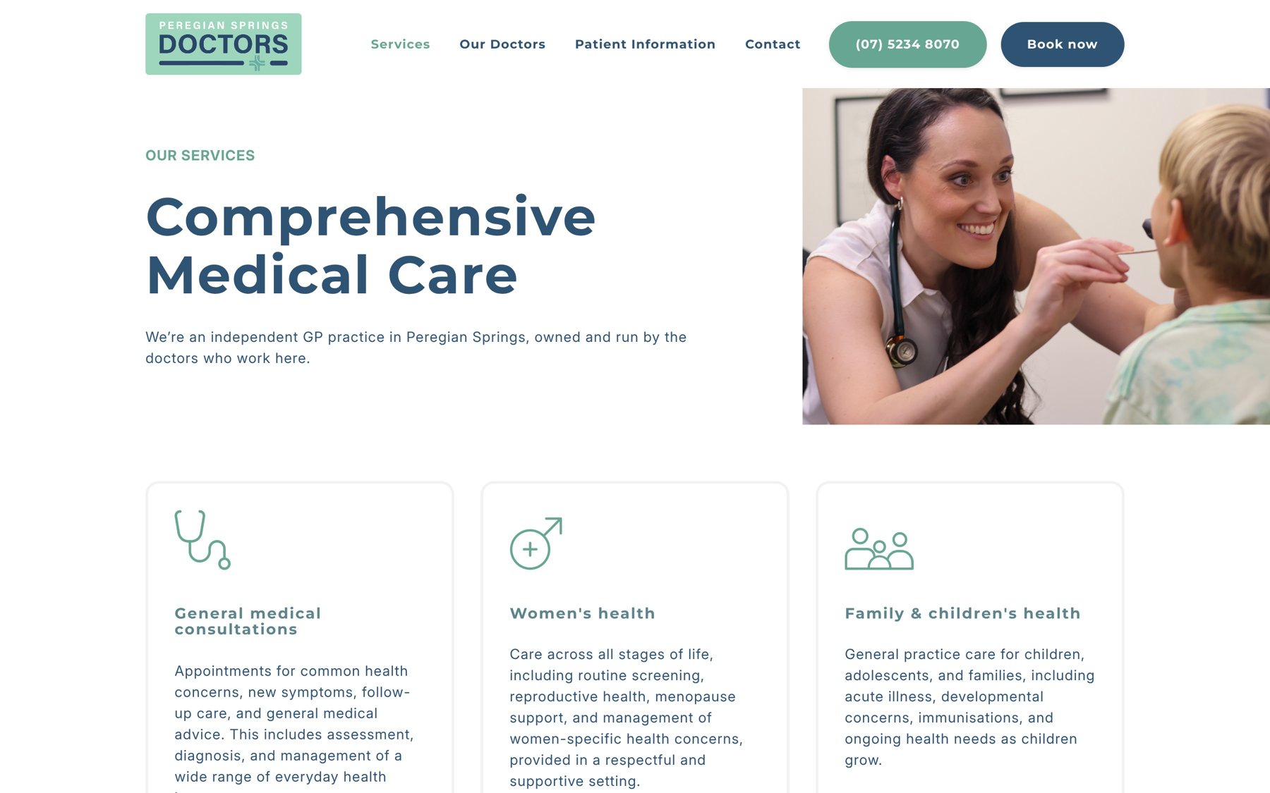 Peregian Springs Doctors services page: the heading Comprehensive Medical Care, a photo of a doctor with a child, and cards for general medical consultations, women's health and family and children's health