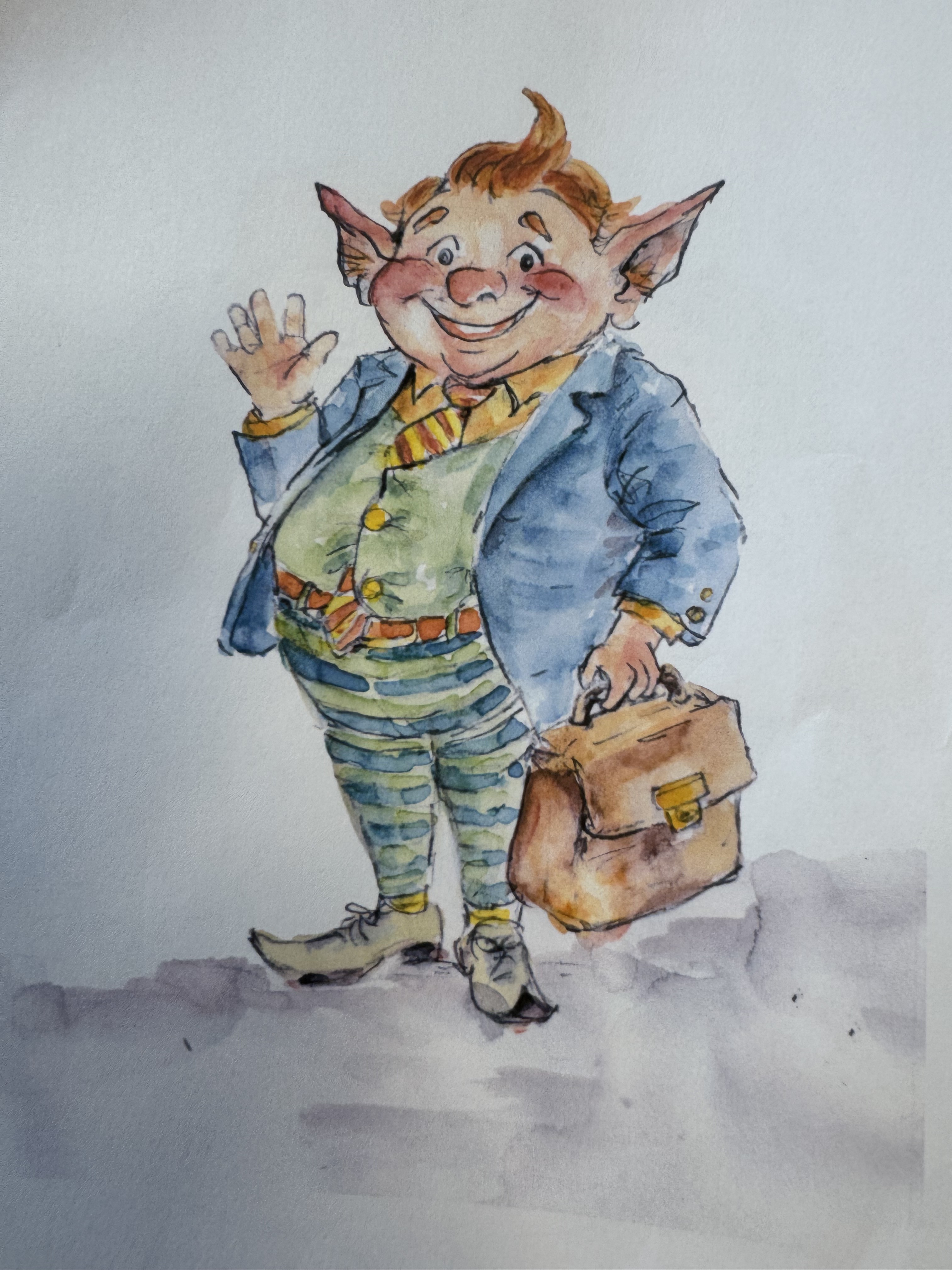 Watercolour creature character with briefcase, designed by Illana Greener