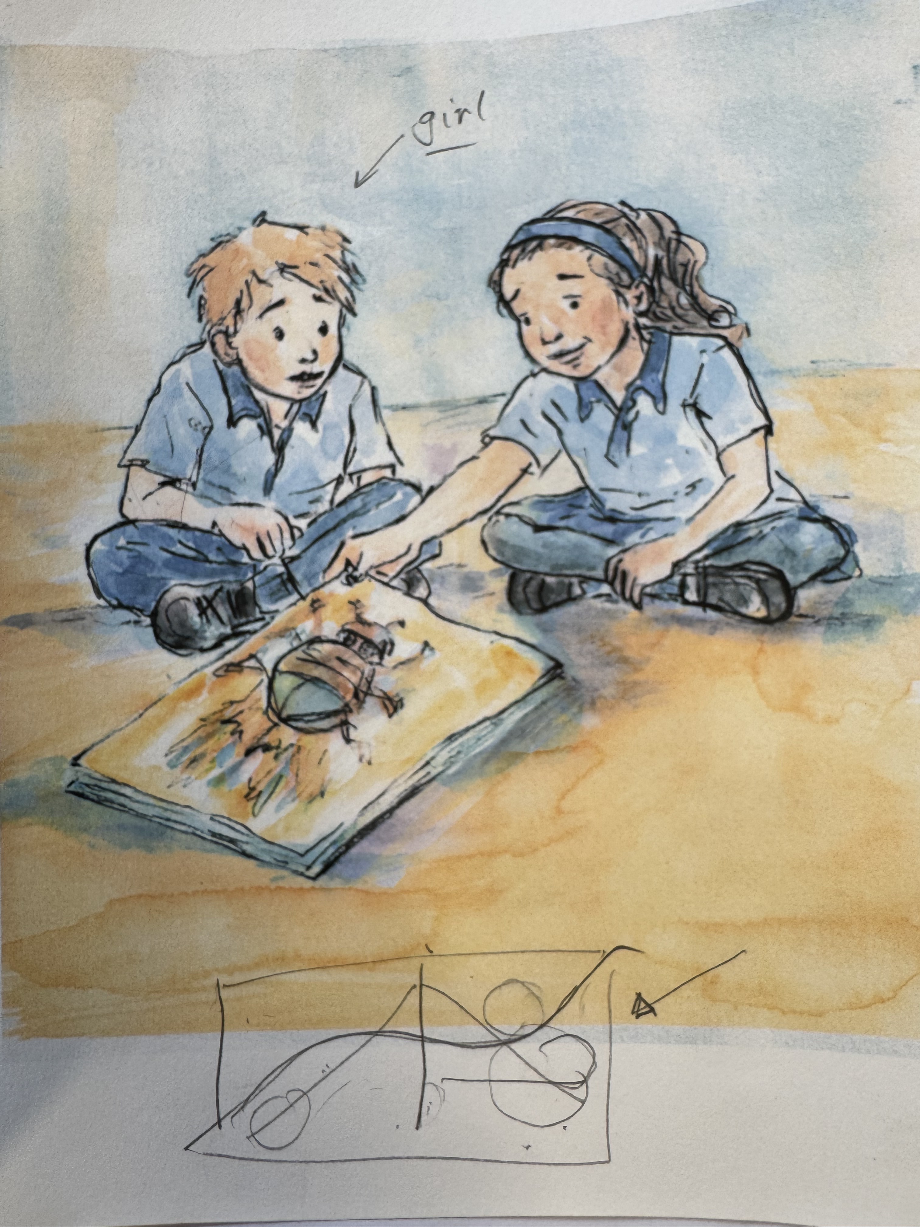 Watercolour illustration by Illana Greener showing two children discovering a creature in a book